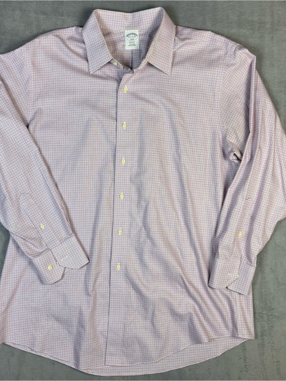 Brooks Brothers Regent 1818 Dress Shirt 17.5 Pink Blue Tattersall Plaid Non-Iron